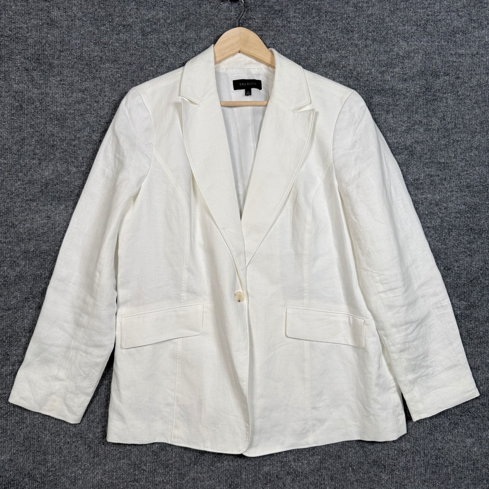 Talbots Sz 16 Blazer Jacket White Linen Single Breasted One Button Office Career
